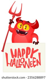 Red devil hand holding white sheet and trident. Satan holds and signboard. Halloween party illustration