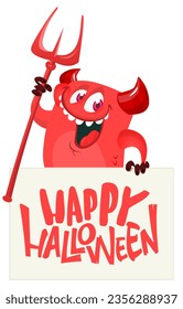 Red devil hand holding white sheet and trident. Satan holds and signboard. Halloween party illustration