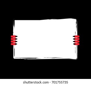 Red devil hand holding white sheet. Satan holds and signboard