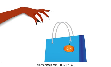 Red devil hands and shopping bag with pumpkin tag isolated on white background for Halloween decorations, flat illustration vector. 