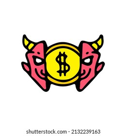 Red devil head with dollar coin inside. Illustration for street wear, t shirt, poster, logo, sticker, or apparel merchandise. Retro and pop art style.