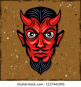 Red devil head with horns vector colored illustration, t-shirt print in vintage style on background with grunge textures