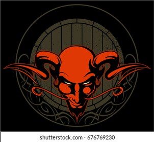 Red devil head with the horns and wooden beer keg on background, vector logo.