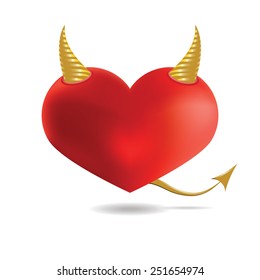 Red Devil Heart with Golden Horns and Tail, Isolated On White Background, Vector