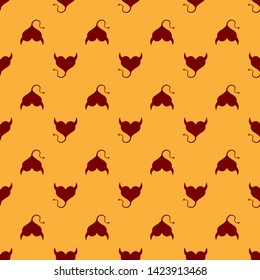 Red Devil heart with horns and a tail icon isolated seamless pattern on brown background. Valentines Day symbol.  Vector Illustration