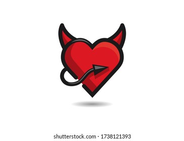 Red Devil heart with horns and a tail icon isolated on white background