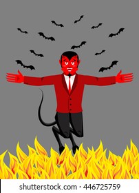 Red Devil in hell. Funny demon and bat. Satan with horns. Crafty Mephistopheles. Diablo Prince of darkness and underworld. Lucifer Boss. Religious and mythological character, supreme spirit of evil