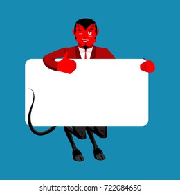 Red devil holding banner blank. Satan and white blank. Demon joyful emotion. Boss of hell and place for text. Vector illustration
