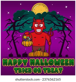 Red Devil Holding Candy. Happy Halloween. Trick and Treat. Greeting Card, Invitation and Poster. Vectors and Illustrations.