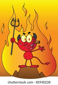 Red Devil Holding Up A Pitchfork And Smoking A Cigar In Front Of Fire