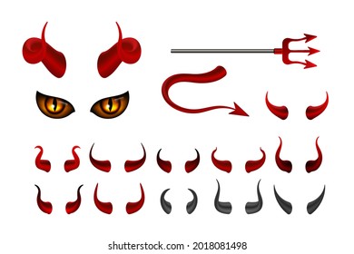 Red devil horn. Satanic horns face with yellow eyes, isolated hell harpoon and tail. Halloween photo booth props, social media stories stickers or isolated vector elements