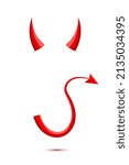 Red devil horn and tail vector illustration. 3d realistic cute elements for face mask and head or costume, wicked demon symbol for Halloween carnival, hot malicious evil monster isolated on white