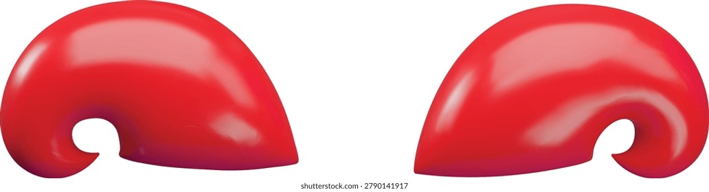 Red devil horns 3D cartoon plastic style icon. Glossy evil twisted horns. Realistic demon elements. Halloween costume, mask decoration. Bad sign. Vector render illustration isolated