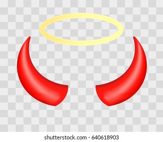 Red devil horns and angel halo isolated on transparent checkered background. Vector illustration