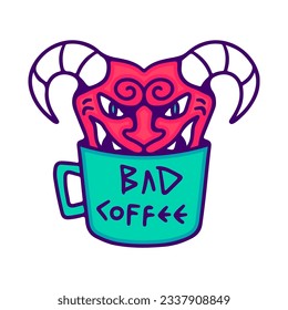 Red devil inside a cup of coffee, illustration for t-shirt, sticker, or apparel merchandise. With doodle, retro, and cartoon style.