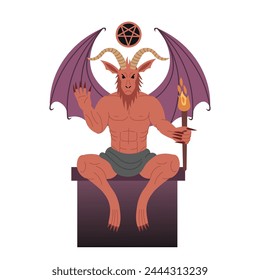 A red devil with large wings and a goat's head sits, holding a torch in his hands.Major Arcana tarot card design. Hand drawn cartoon flat style.The Devil