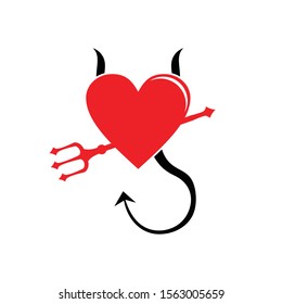 red devil love heart shape with horn and trident fork vector logo design template