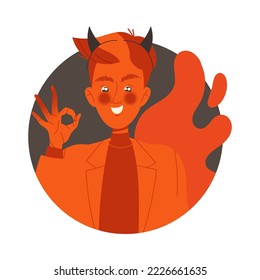 Red Devil Man with Horns Showing Ok Gesture Suggesting Something Bad Vector Illustration