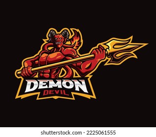 Red devil mascot logo design. Vector illustration devil holding trident. Logo illustration for mascot or symbol and identity, emblem sports or e-sports gaming team