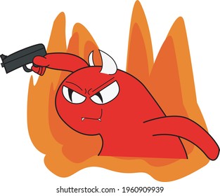 diablo rojo con pistola y fuego de llama diseño de vectores de caricatura de fondo blanco