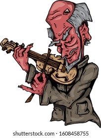 red devil playing music with his wooden violin
