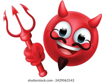 A red devil or satan emoji emoticon man face holding a trident, pitchfork or pitch fork cartoon icon mascot.