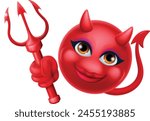 A red devil or satan emoticon female woman face holding a trident, pitchfork or pitch fork cartoon icon mascot.