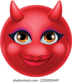 Una mujer emoticono roja o emoticono satánico se enfrenta a una mascota con ícono de dibujos animados.