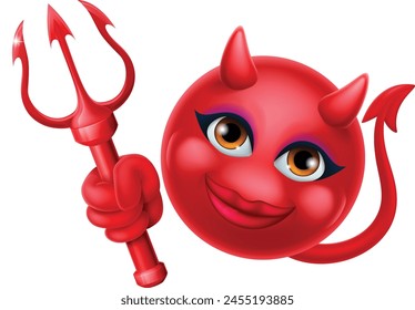 A red devil or satan emoticon female woman face holding a trident, pitchfork or pitch fork cartoon icon mascot.