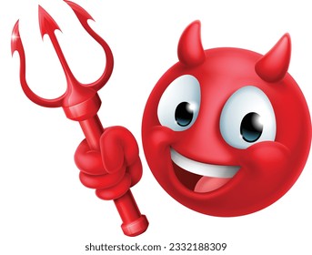 A red devil or satan  emoticon man face holding a trident, pitchfork or pitch fork cartoon icon mascot.