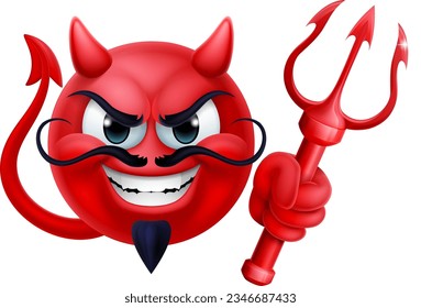 A red devil or satan emoticon man face holding a trident, pitchfork or pitch fork cartoon icon mascot.