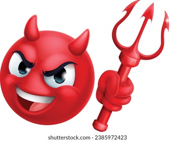 A red devil or satan emoticon man face holding a trident, pitchfork or pitch fork cartoon icon mascot.