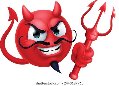 Una cara roja del demonio o satán del emoticono del hombre sosteniendo un tridente, la horquilla o el tenedor de lanzamiento de la mascota del icono de la historieta.