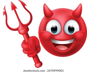 A red devil or satan emoticon man face holding a trident, pitchfork or pitch fork cartoon icon mascot.