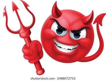 A red devil or satan emoticon man face holding a trident, pitchfork or pitch fork cartoon icon mascot.