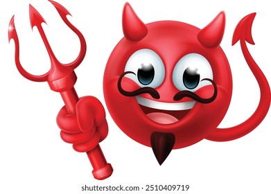 A red devil or satan emoticon man face holding a trident, pitchfork or pitch fork cartoon icon mascot.