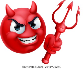 Ein roter Teufel oder satan Emoticon Mann Gesicht mit einem Trident, Pitchfork oder Pitch Gabel Cartoon Ikone Maskottchen.