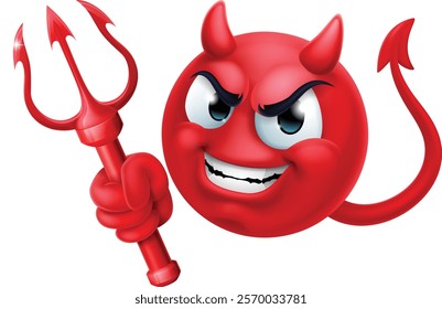 A red devil or satan emoticon man face holding a trident, pitchfork or pitch fork cartoon icon mascot.