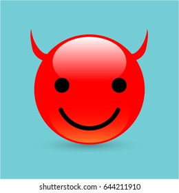 Red devil, satan smile, emoji, emoticon with horns on sky blue background