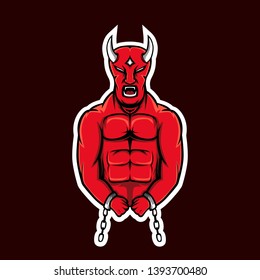 the red devil is shackled with his hand chain. Devil mascot logo. Red demon mascot logo