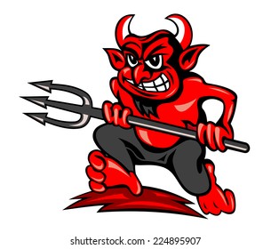 Red devil with trident in cartoon style running on land