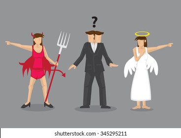 Red devil and white angel pointing to different direction leaving cartoon man confused. Creative vector illustration for difficult decision concept isolated on grey background.