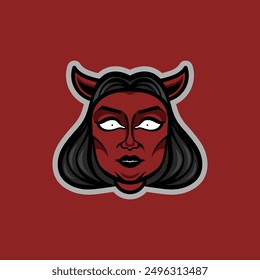 Red Devil Woman Mascot Logo Design: A fierce and captivating logo design featuring a female devil with horns, red skin, and a determined expression. Perfect for brands seeking a powerful, edgy