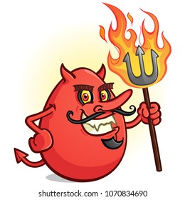 A Red Deviled Egg Cartoon Character Holding a Flaming Pitch Fork