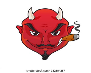 Red devil's face with evil grin smoking cigar vector cartoon illustration