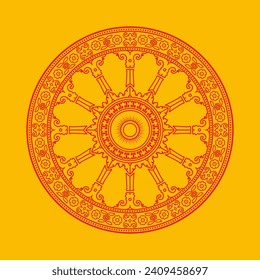 Red Dharma Wheel, Buddhism Thammajak, Dharmachakra Line Symbol. Isolated on Yellow Background