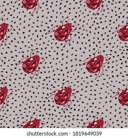 Red diagonal bugs ornament seamless pattern. Hand drawn insects shapes on light grey dotted background. Perfect for wallpaper, textile, wrapping paper, fabric print. Vector illustration.