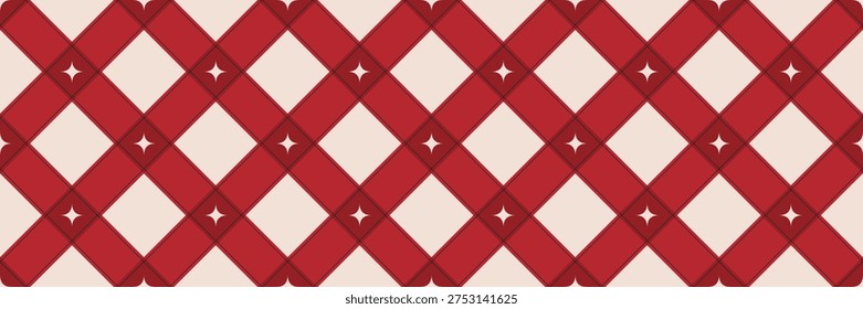 Red Diagonal Plaid Seamless Pattern with Sparkling Stars. Checkered tablecloth. Winter Christmas background. Print for wrapping paper, fabric and textile. Vector illustration
