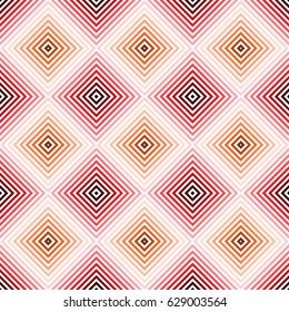 Red diagonal squares, rhombuses. Seamless vector pattern. Striped diagonal rectangle. Red, orange, white colors