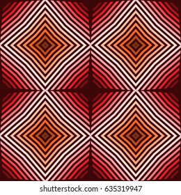 Red diagonal squares, rhombuses. Seamless vector pattern. Striped diagonal rectangle. Red, orange, white colors
